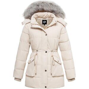 Women's Long Winter Warm Waterproof Quilted Puffer Jacket Coat Cream Fabric